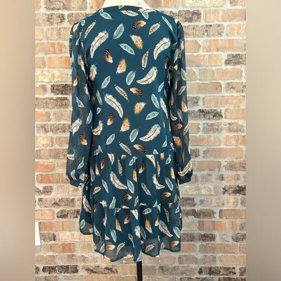 Loft green teal feather print button up dress long sleeve v neck size XS - Picture 4 of 10